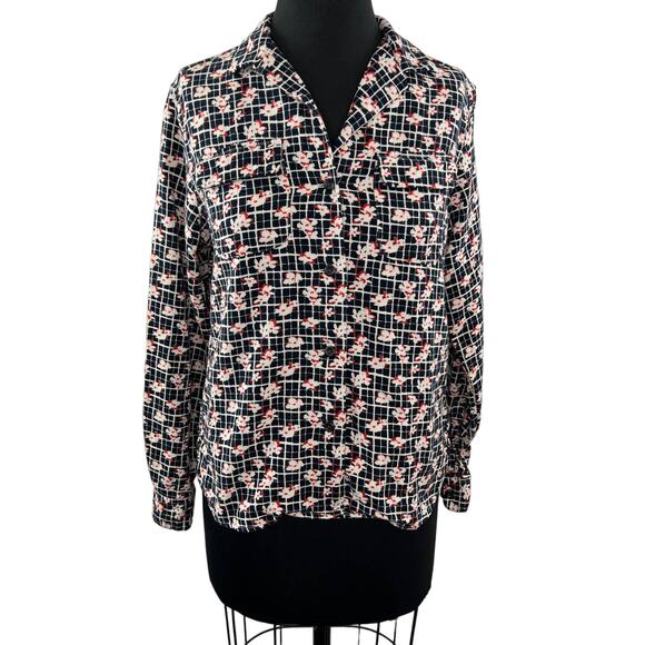 Ines De La Fressange x Uniqlo Black White Floral Button-Down Flannel Shirt Sz S - Picture 1 of 8